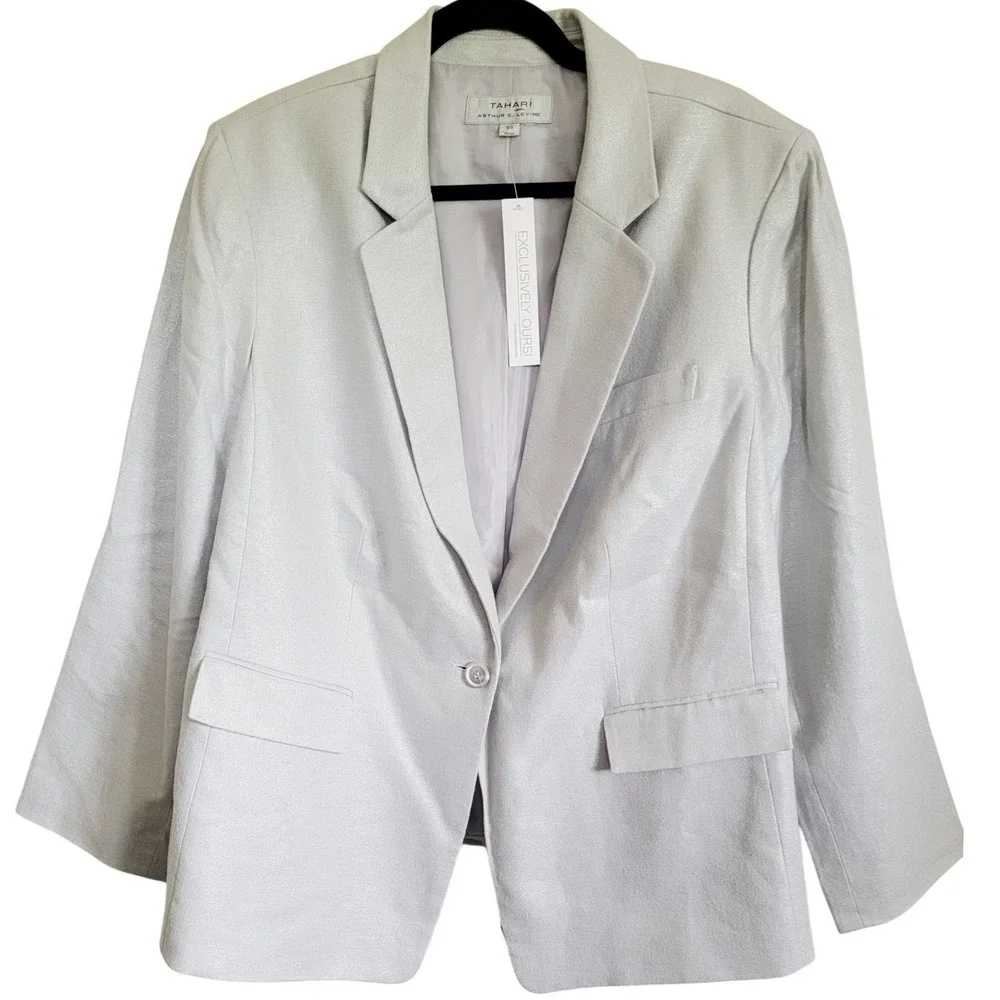 Tahari Arthur Levine Silver Glaze Linen Blend Blazer Jacket 18W NWT‎ RV $285